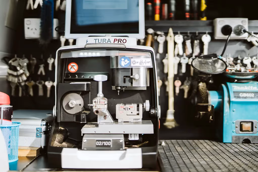 A key-cutting machine in one of our vans. It allows us to precisely cut new keys on the spot in for residential locks.