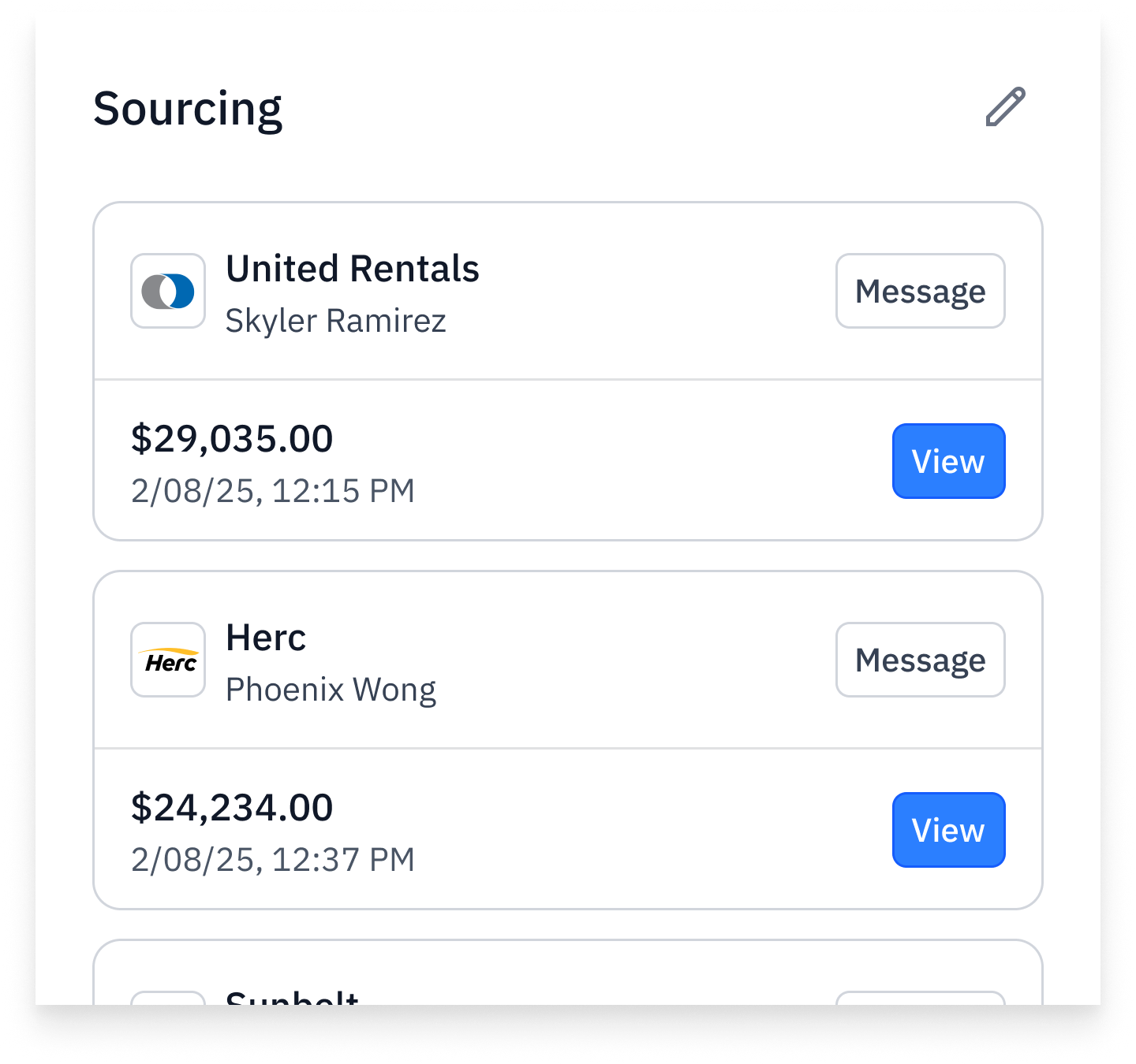 List of sourcing quotes from a rental equipment vendor for $29,035 dated 2/08/25 12:15 PM, and another rental equipment vendor for $24,234 dated 2/08/25 12:37 PM, each with message and view buttons.
