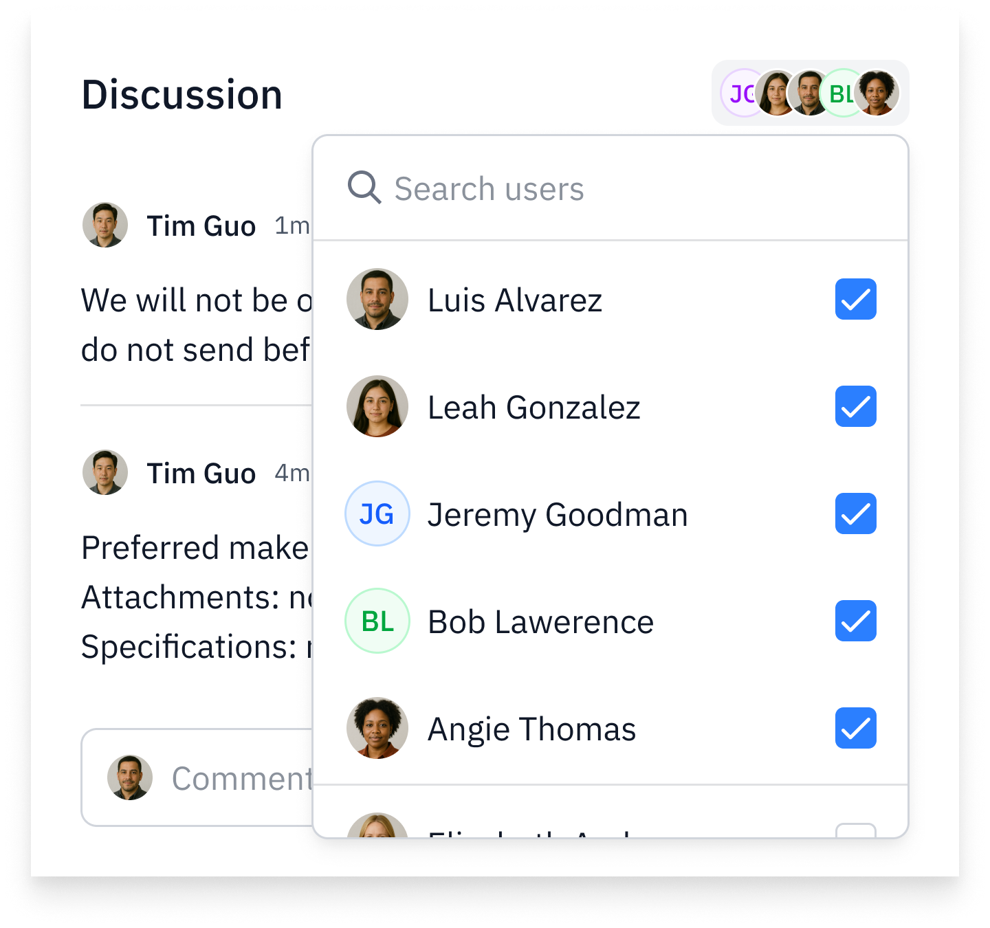 User interface showing a discussion with comments by Tim Guo and a user selection dropdown with profiles of Luis Alvarez, Leah Gonzalez, Jeremy Goodman, Bob Lawerence, and Angie Thomas, all selected.