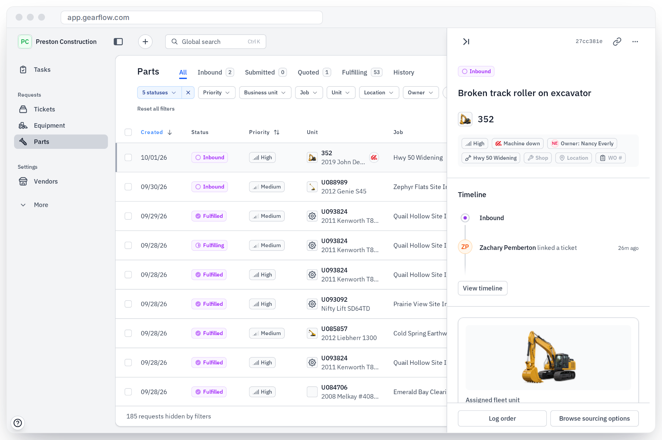 Gearflow parts queue with a parts request open in the side panel