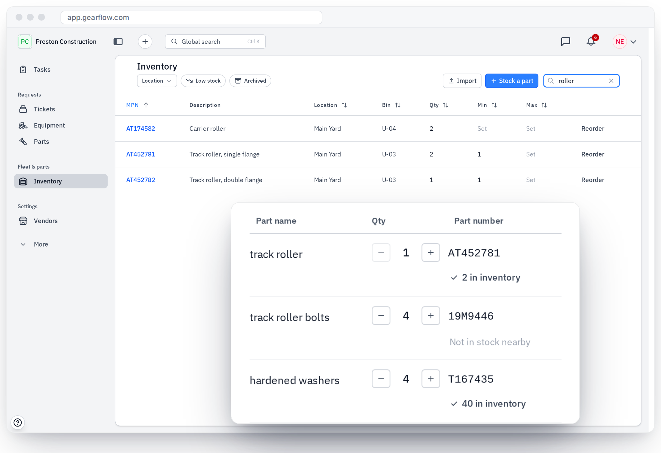 Gearflow parts request showing that a part is already in your inventory