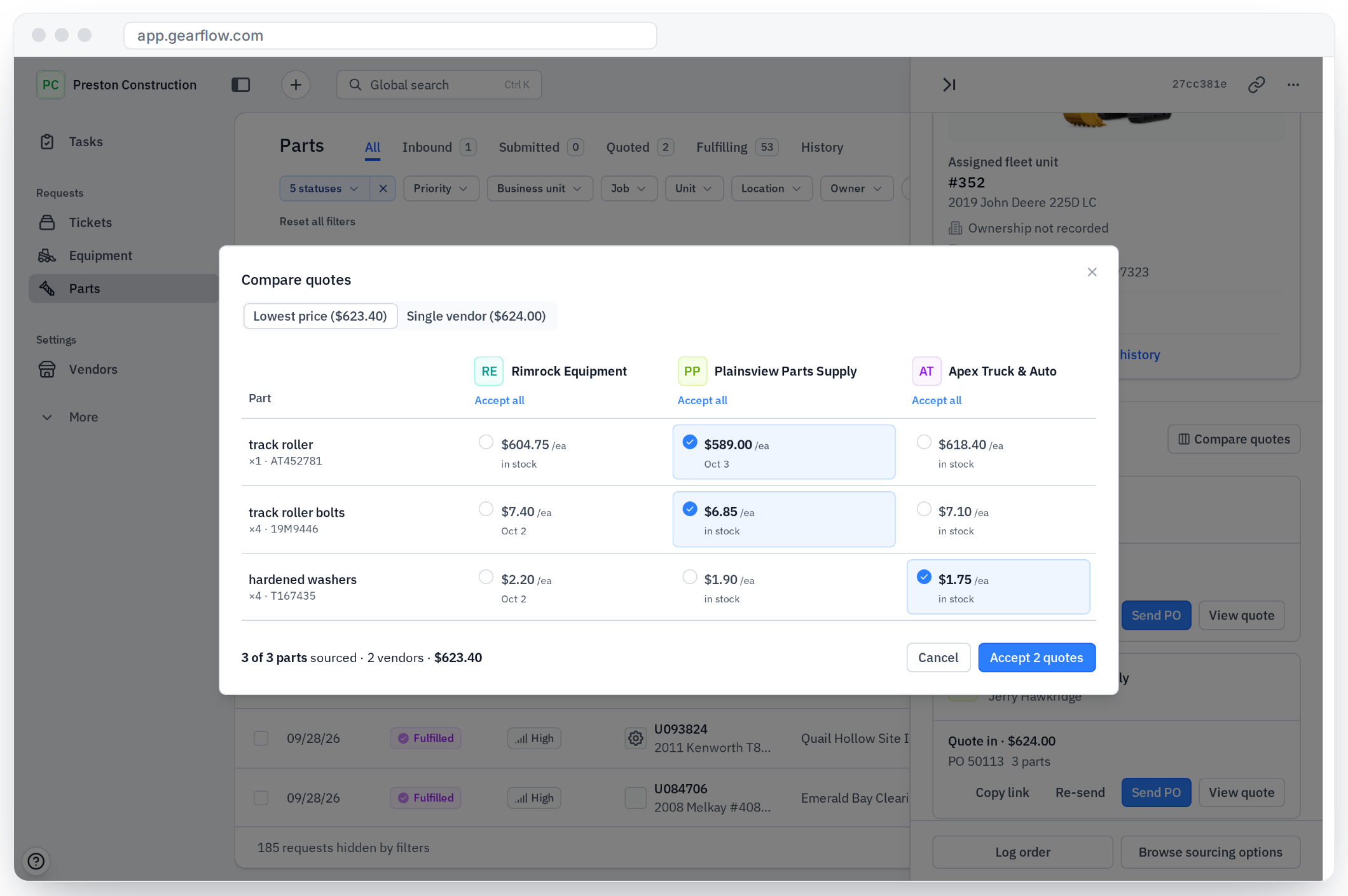 Gearflow comparing quotes from multiple vendors side by side