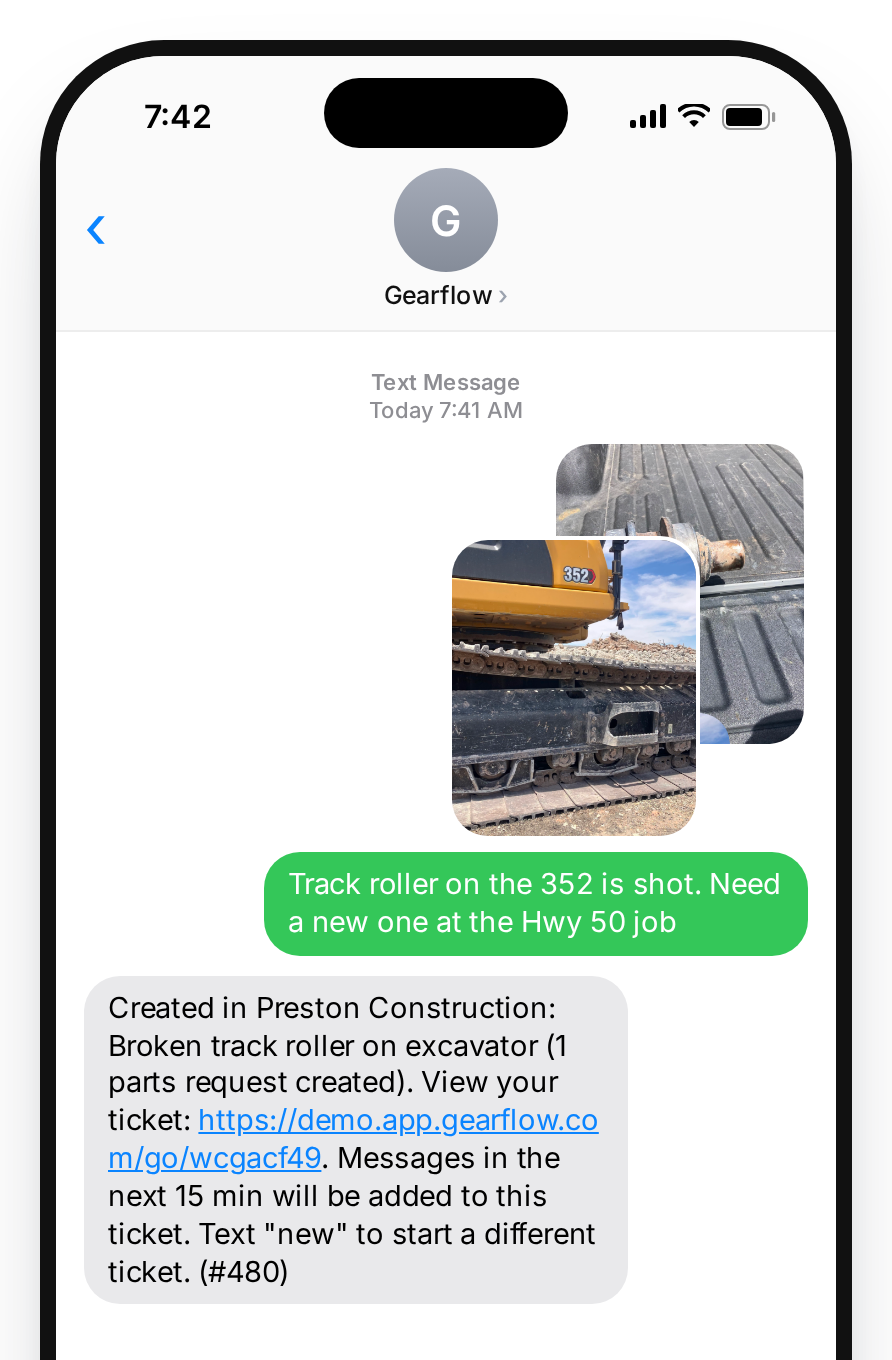 A text message with photos asking Gearflow for a track roller, and Gearflow's reply confirming the parts request was created