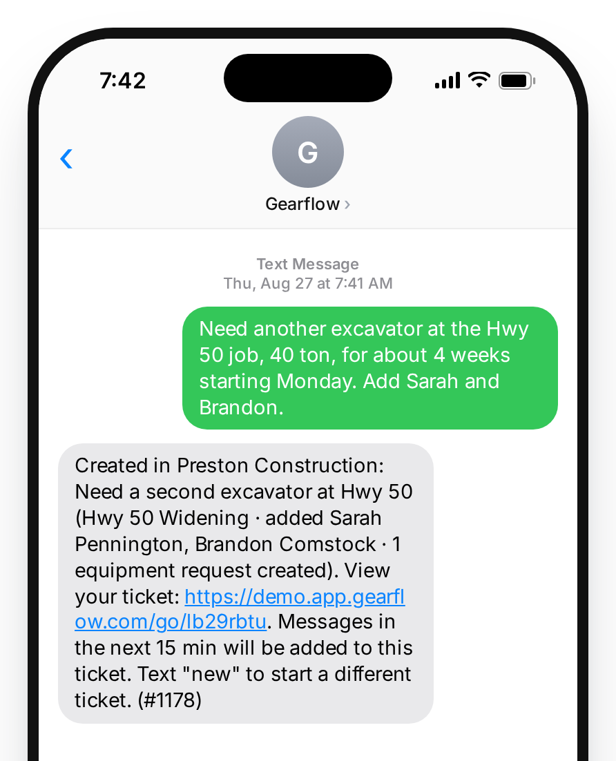 A text message to Gearflow asking for an excavator, and Gearflow's reply confirming the equipment request was created