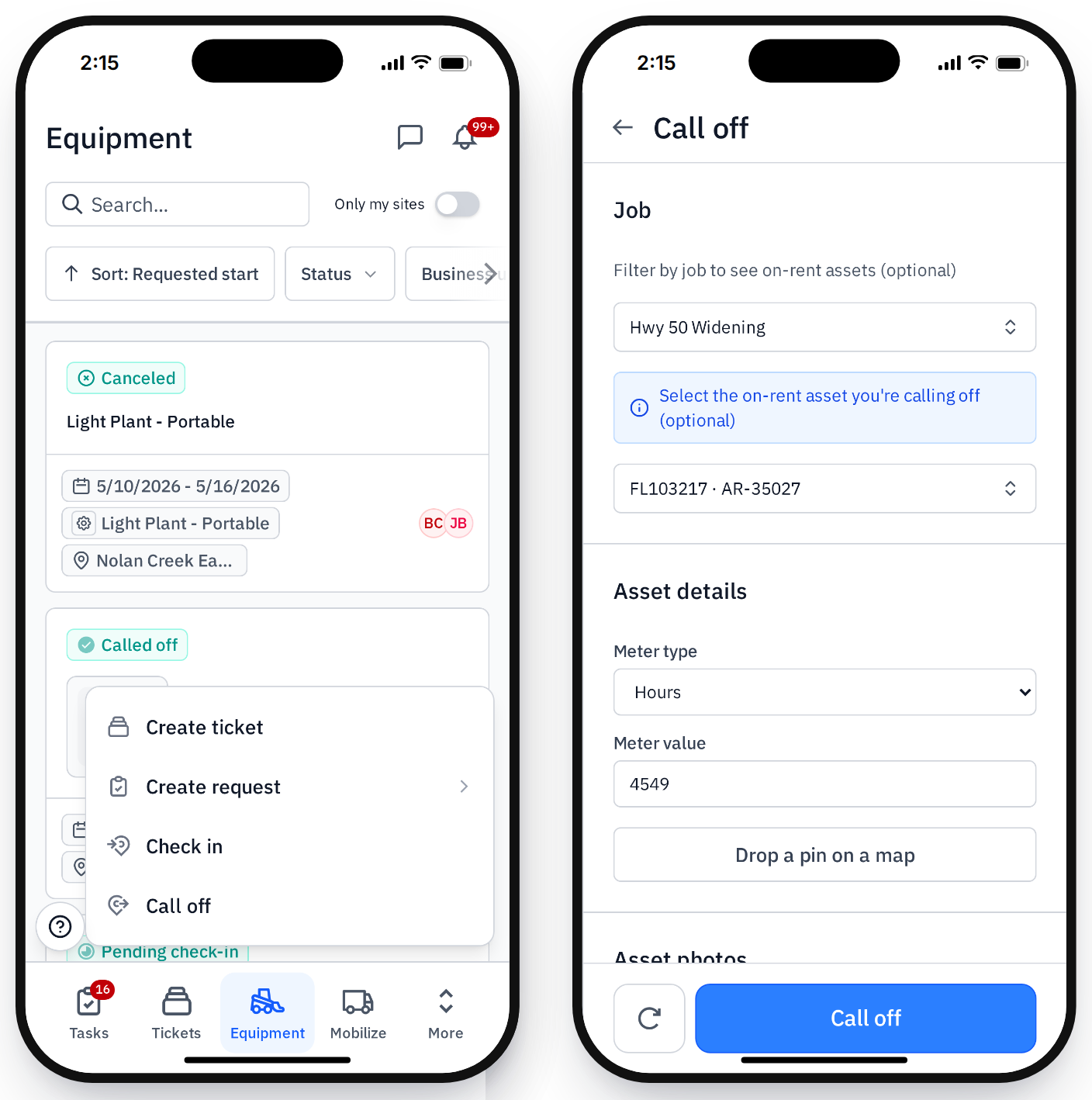 Gearflow mobile app calling off a rental straight from the field