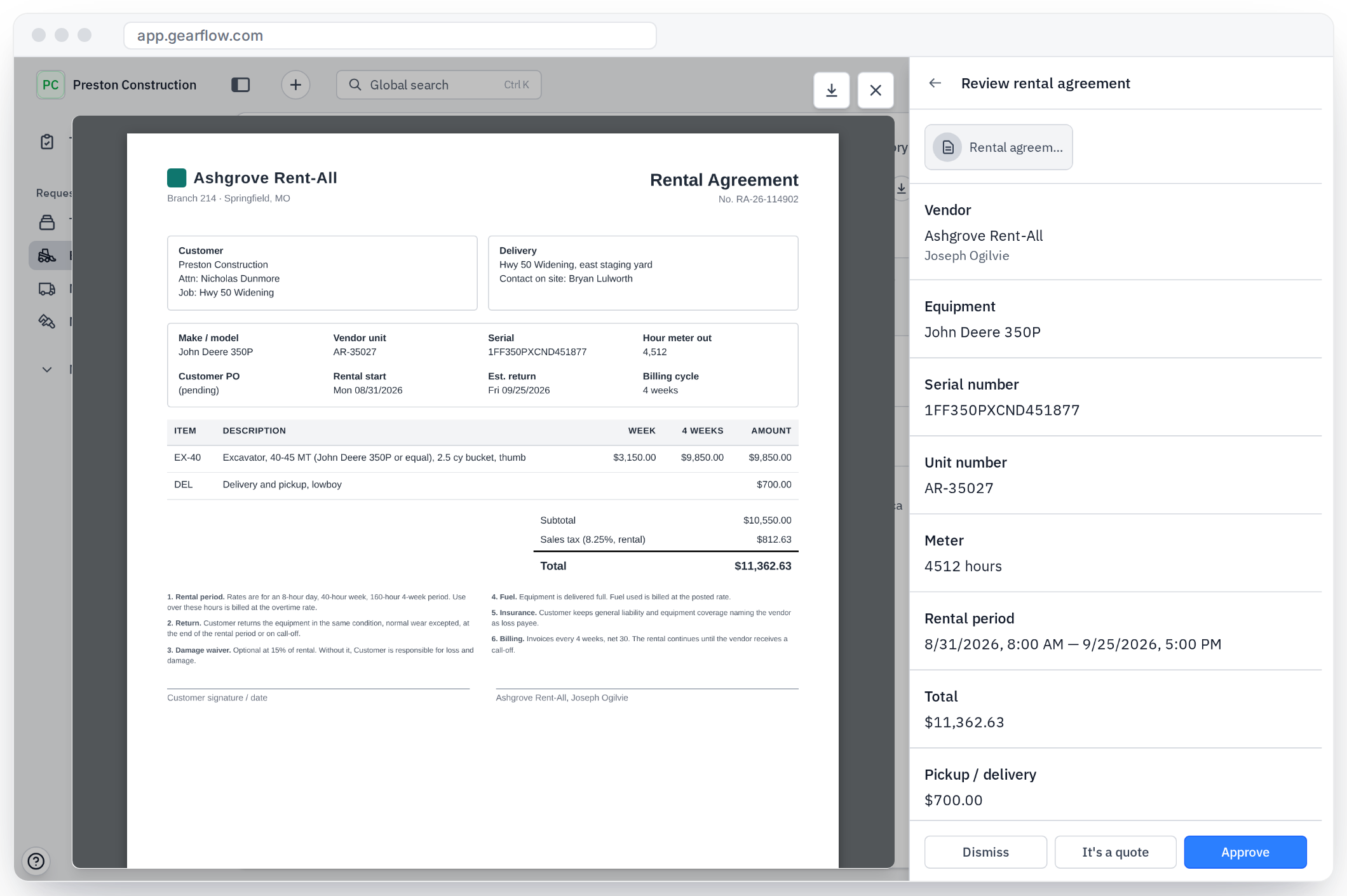 Gearflow reading a rental agreement and filling in the rental details automatically