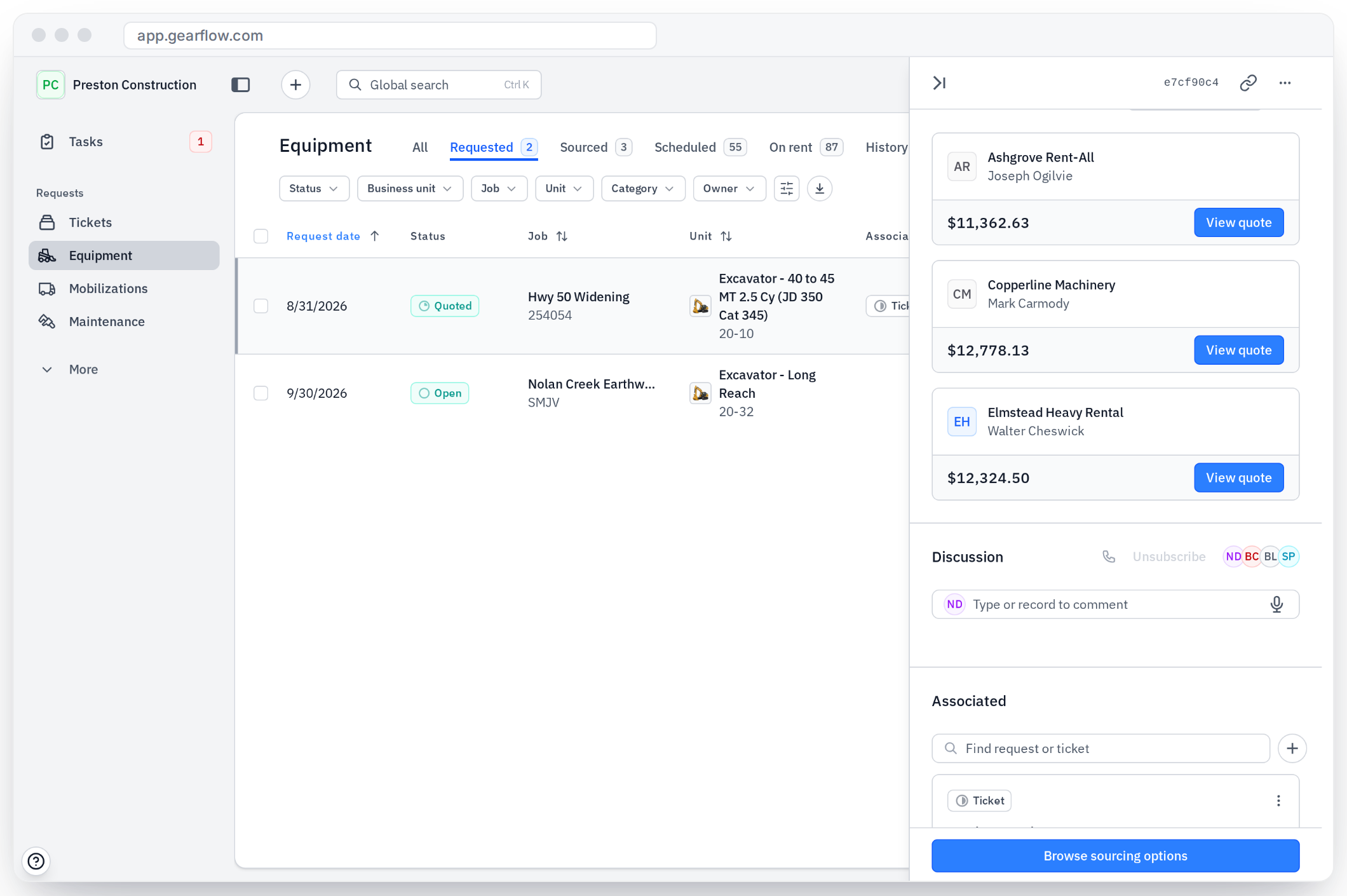 Gearflow comparing rental quotes from multiple vendors