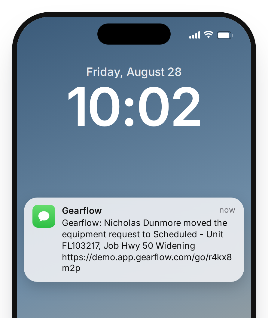 Phone notification from Gearflow that an equipment request was scheduled