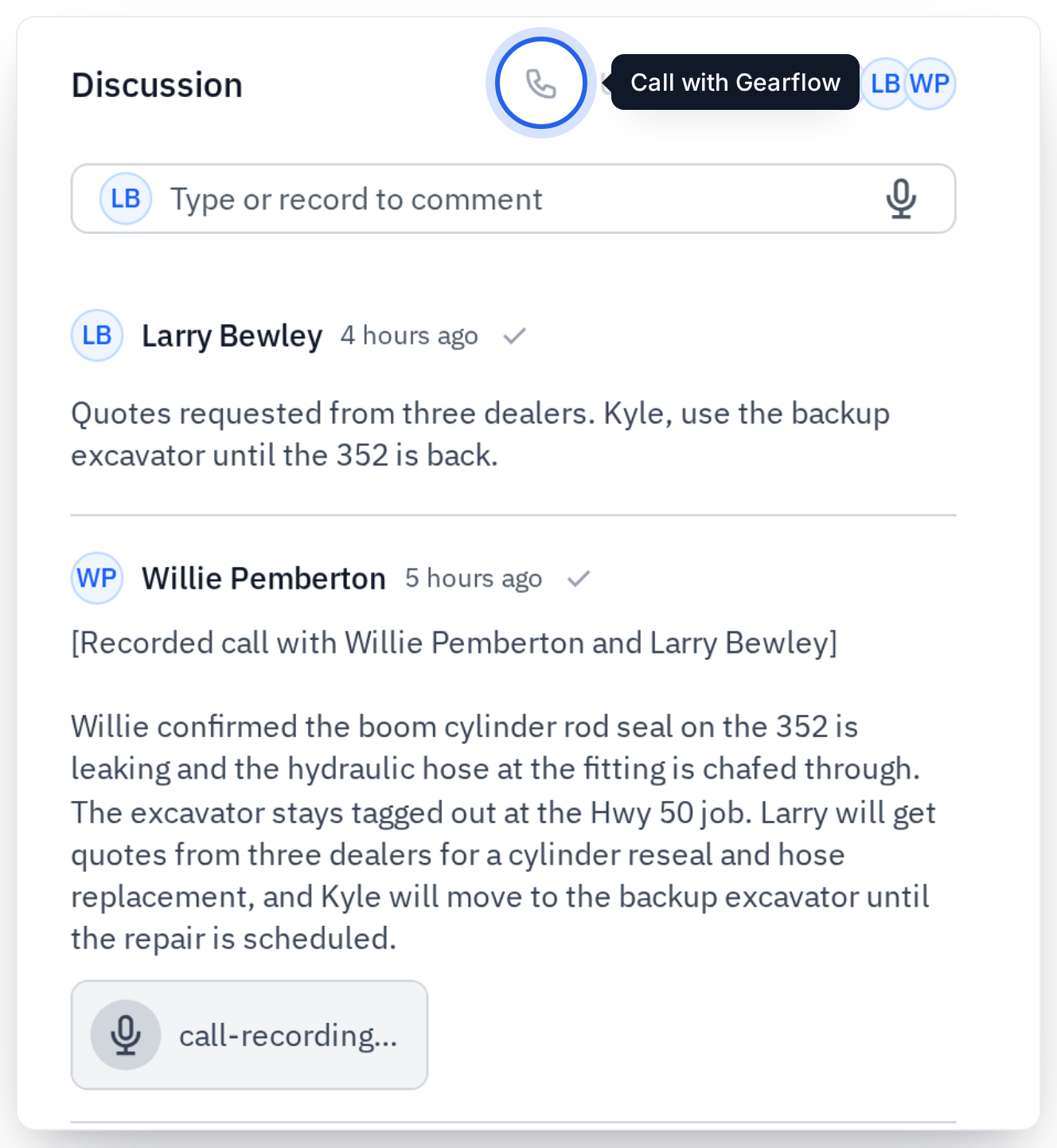 Gearflow discussion with a summary of the call between the field and the shop