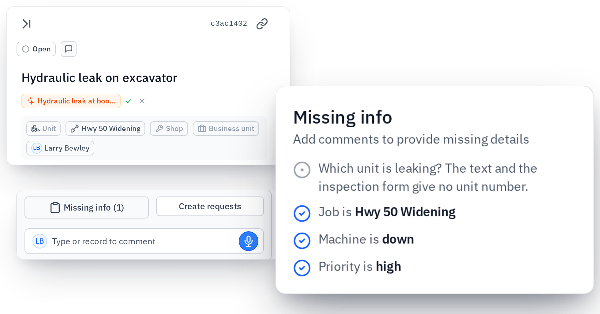 Gearflow flagging the missing details on a maintenance request