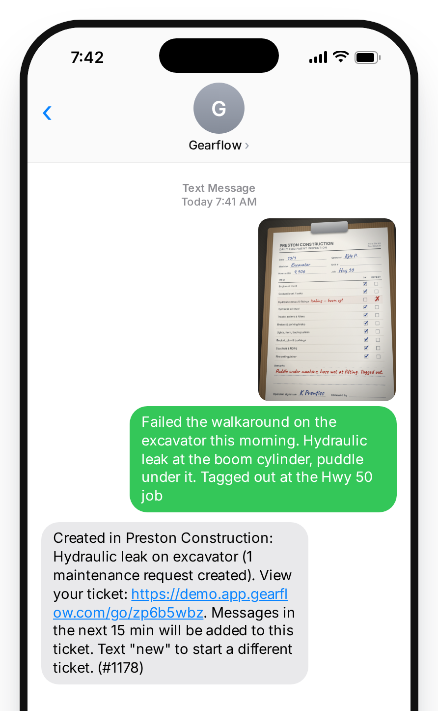 A text message with a photo of a failed inspection form, and Gearflow's reply confirming the maintenance request