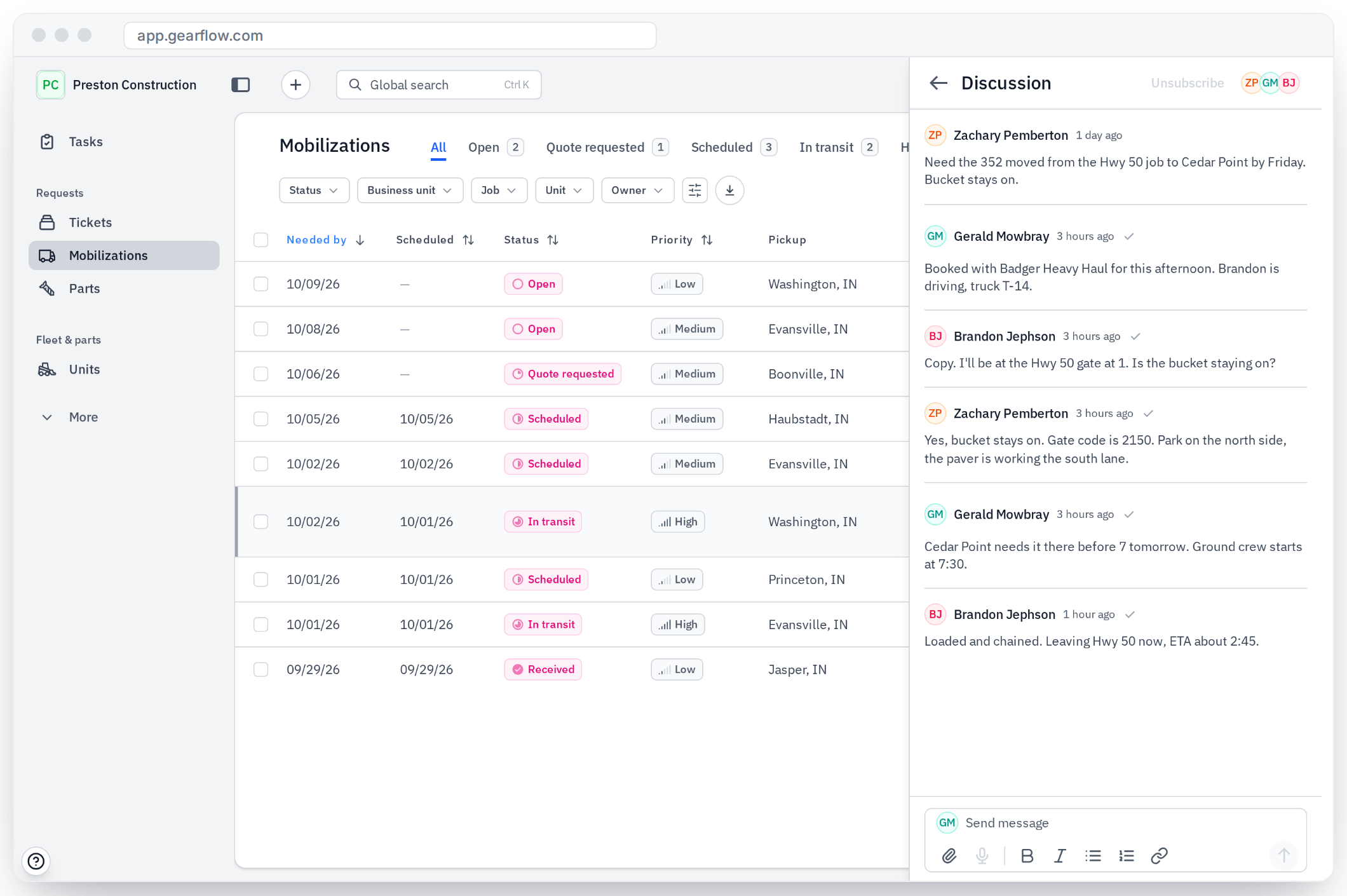 Gearflow mobilizations queue with dispatch, drivers and the field in one discussion