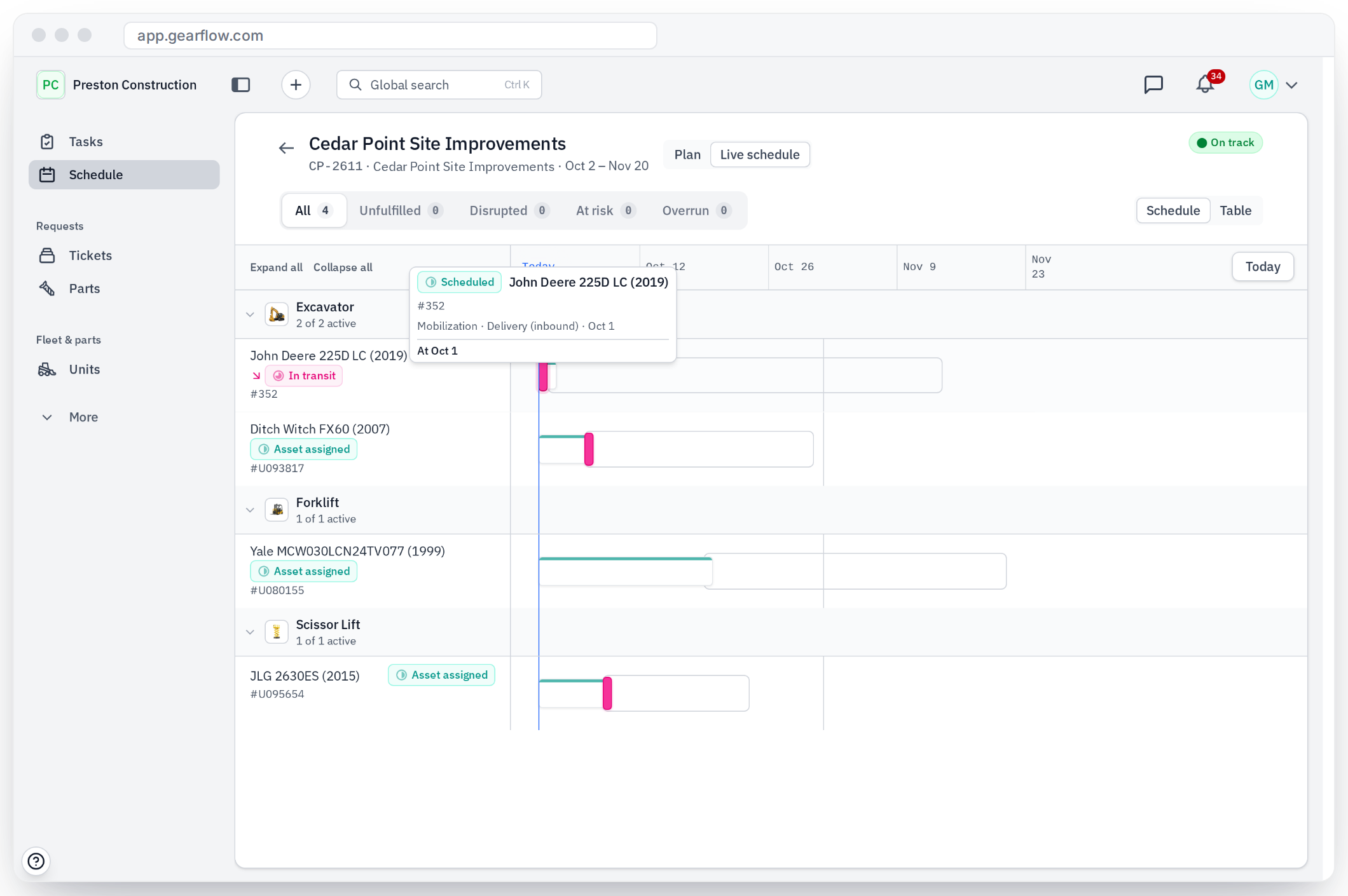 Gearflow schedule showing moves planned across the week