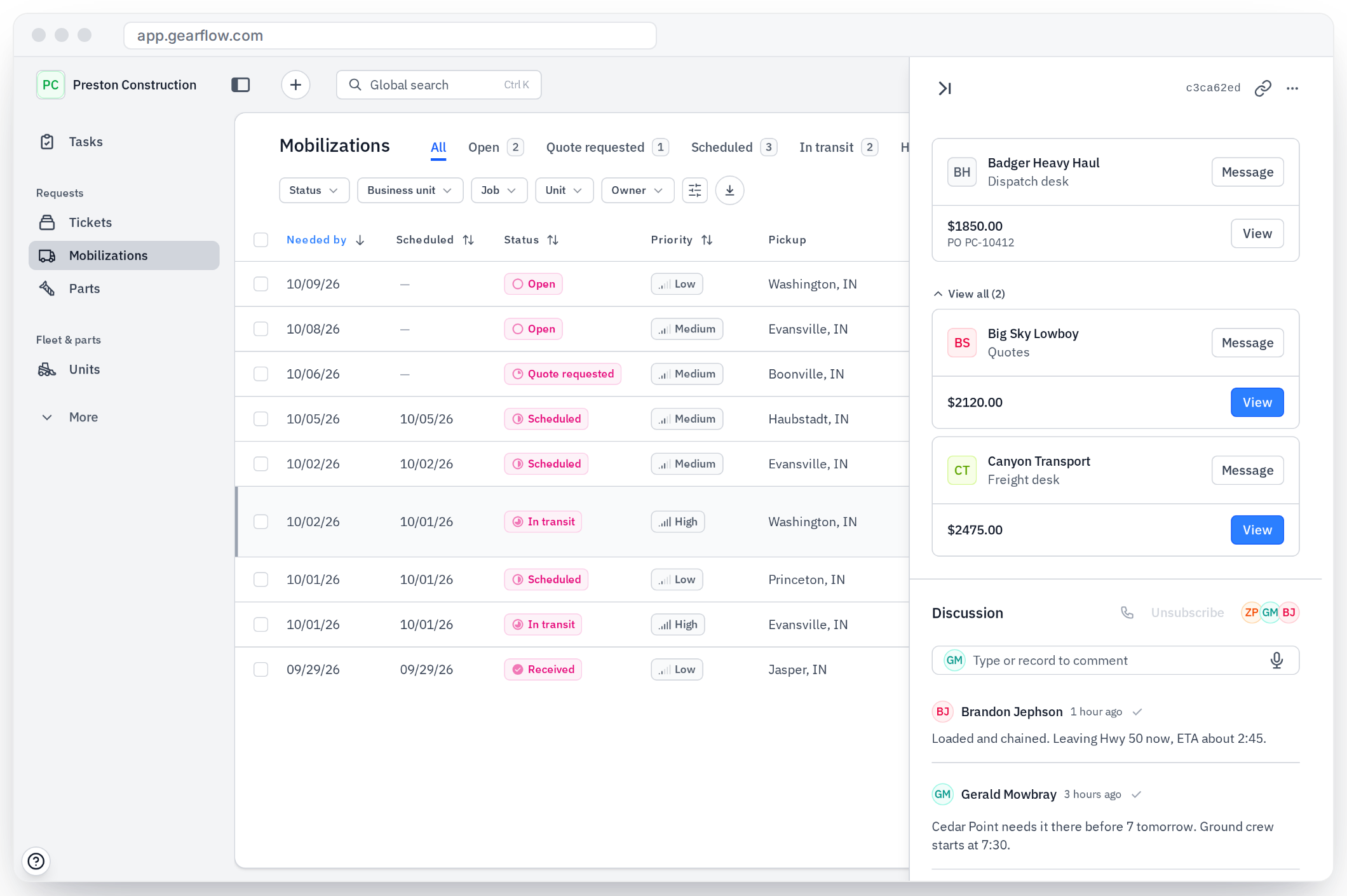 Gearflow comparing freight quotes for a move