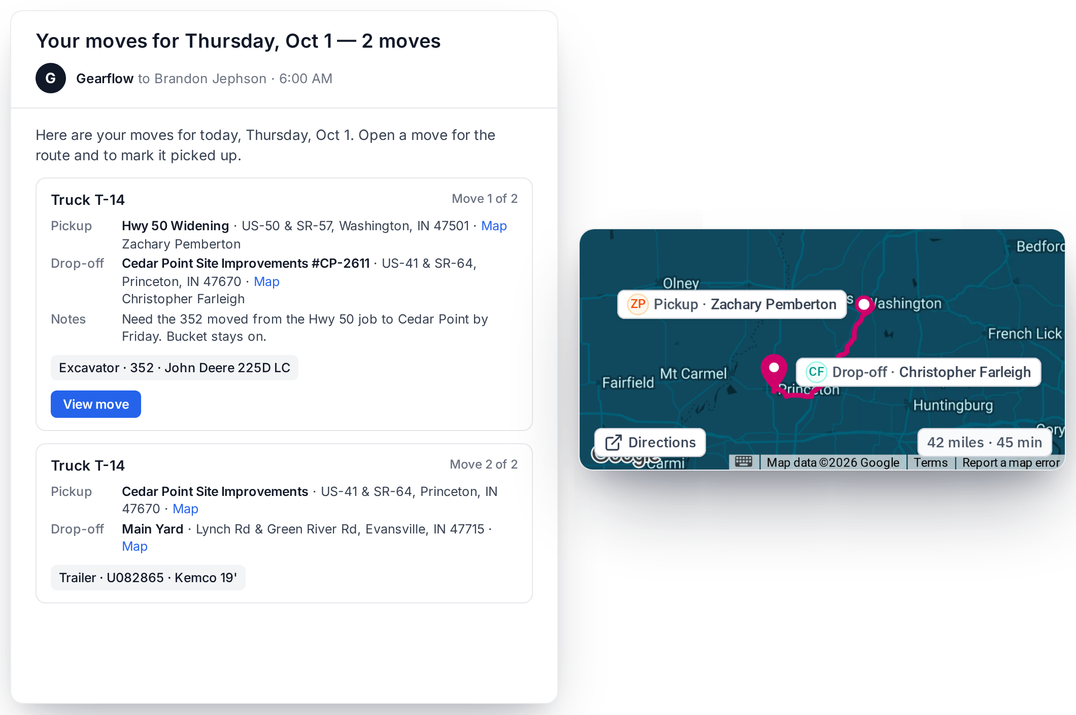 A driver's daily move list from Gearflow with pickup and drop-off on a map