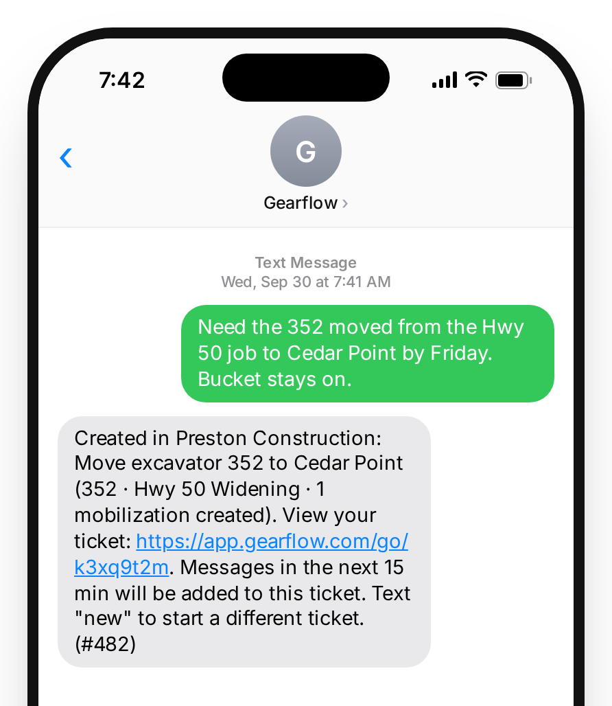 A text message to Gearflow asking to move an excavator between jobs, and Gearflow's reply confirming the move