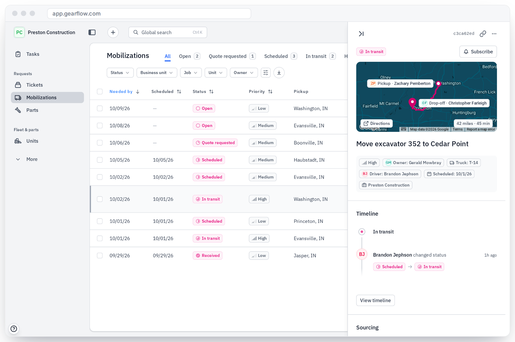 Gearflow mobilizations queue tracking the status of every move