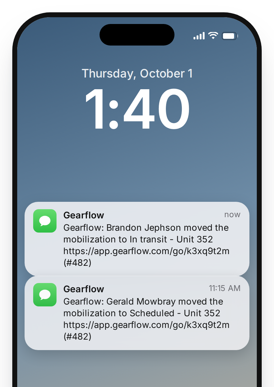 Phone notifications from Gearflow as a move goes from scheduled to in transit