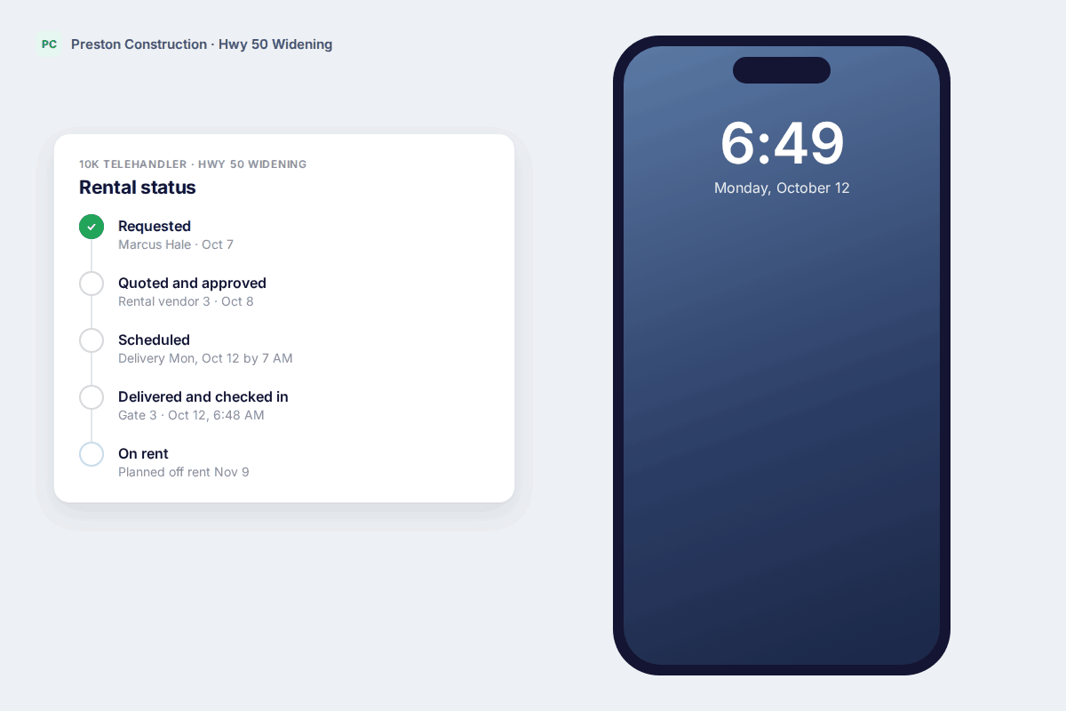 Gearflow rental status updates and phone notifications from request to delivery