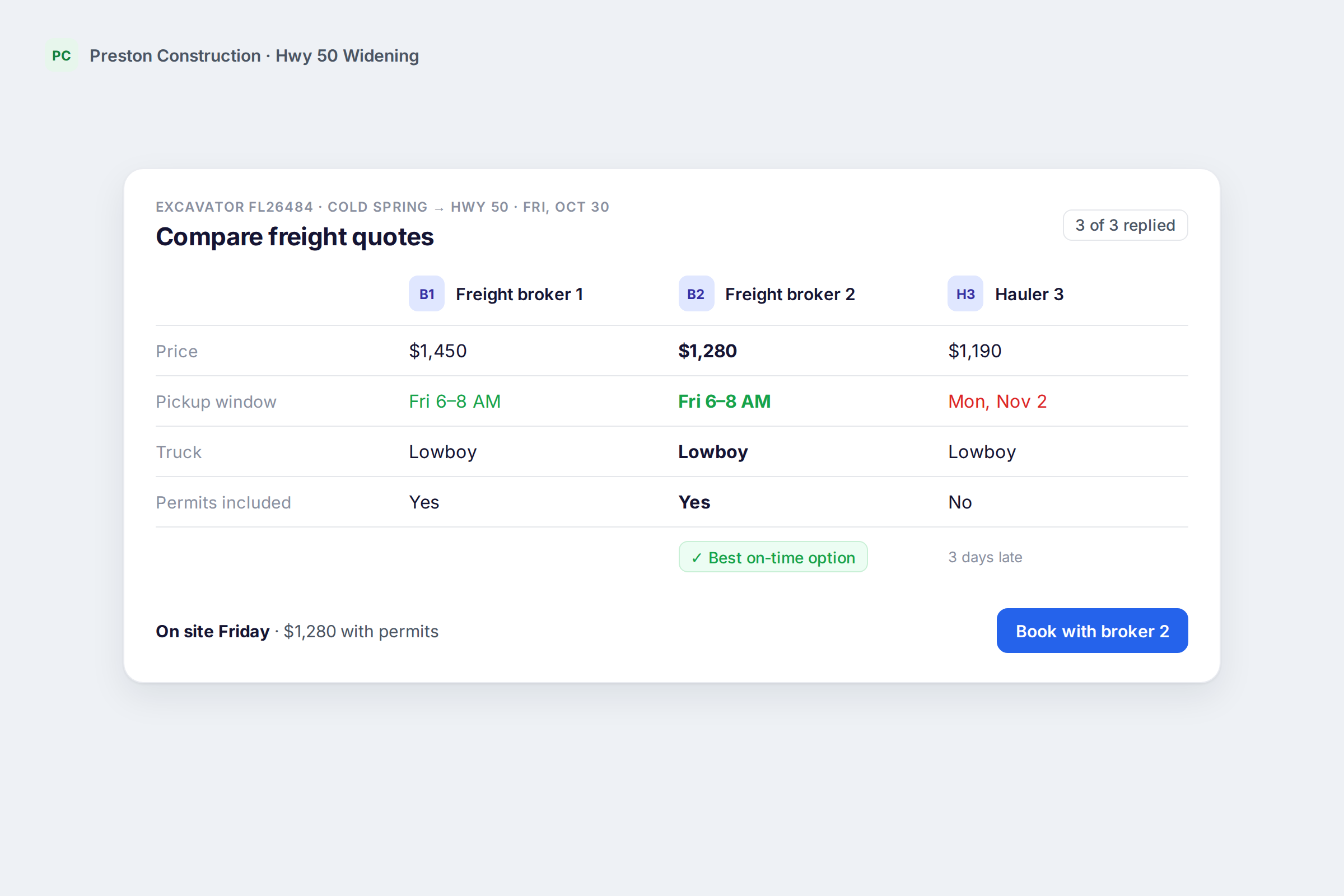 Gearflow comparing freight quotes from brokers and haulers for one move