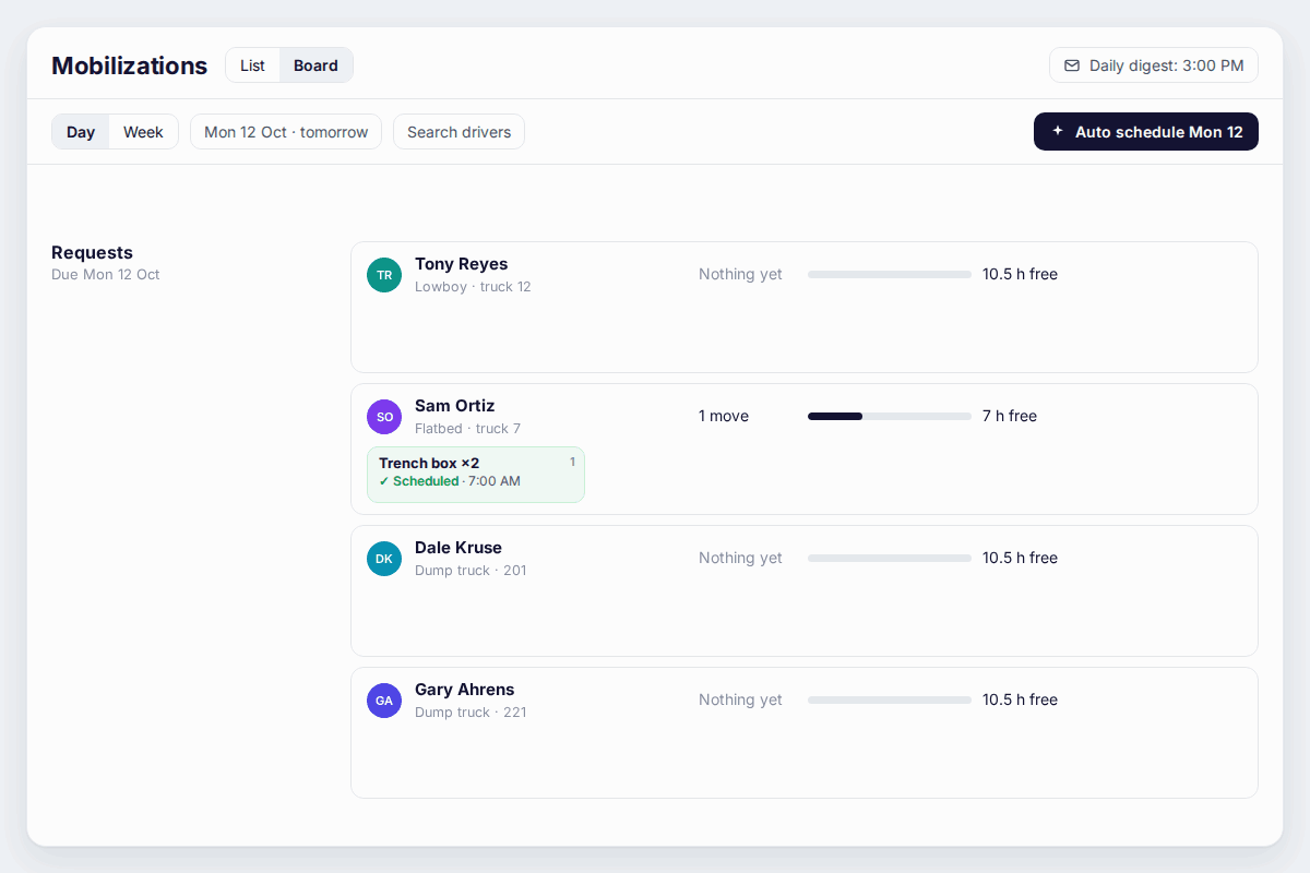 Gearflow dispatch board: move requests come in, Auto schedule assigns them to drivers, and each driver is emailed their run