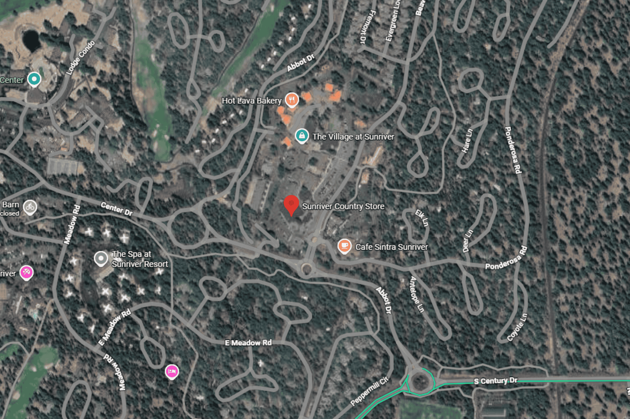 Satellite map of Sunriver area showing roads, The Spa at Sunriver, Sunriver Country Store, Hot Lava Bakery, and Cafe Sintra Sunriver.