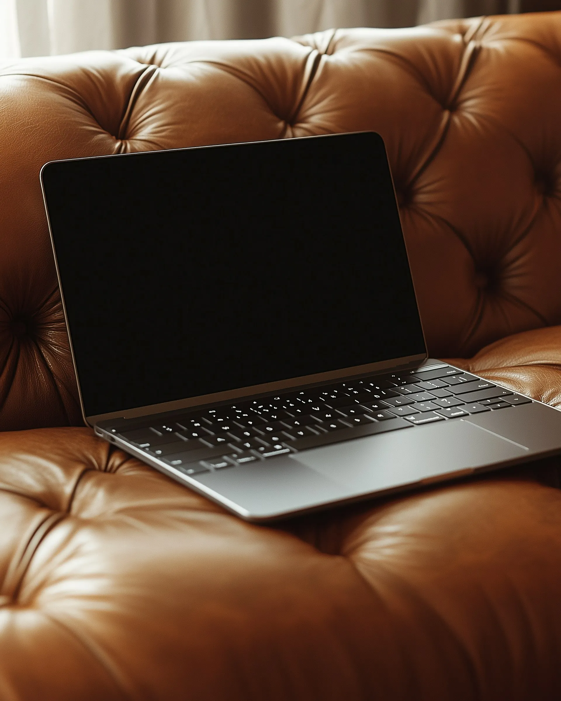 A laptop computer sitting on top of a brown leather couch.