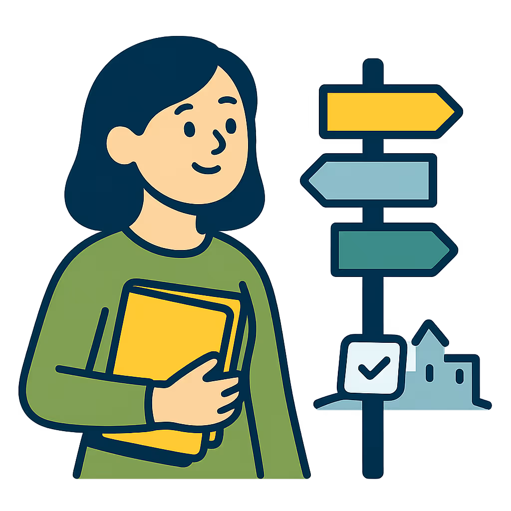 Eine Frau steht vor einem Wegweiser und entschiedet sich für eine neue Laufbahn