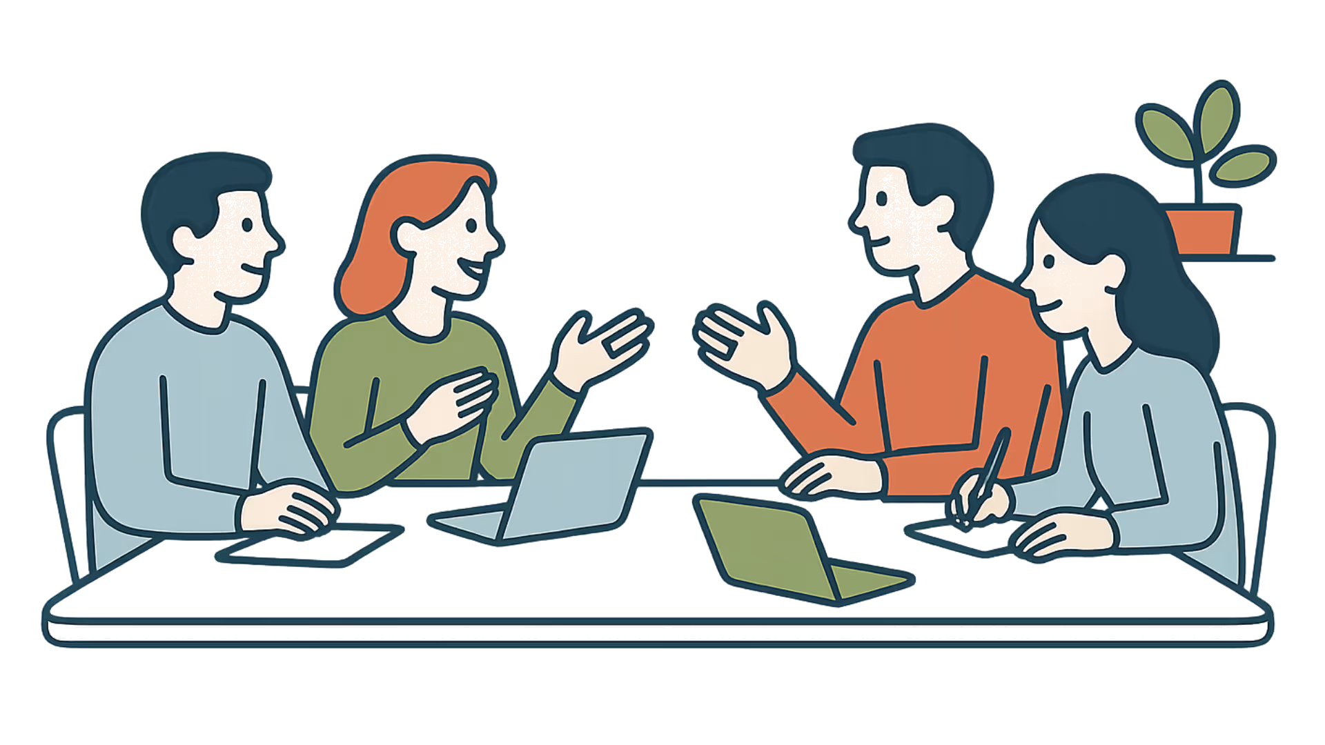 Ein Team übt Verkaufsgespräche auf Deutsch an einem Tisch.