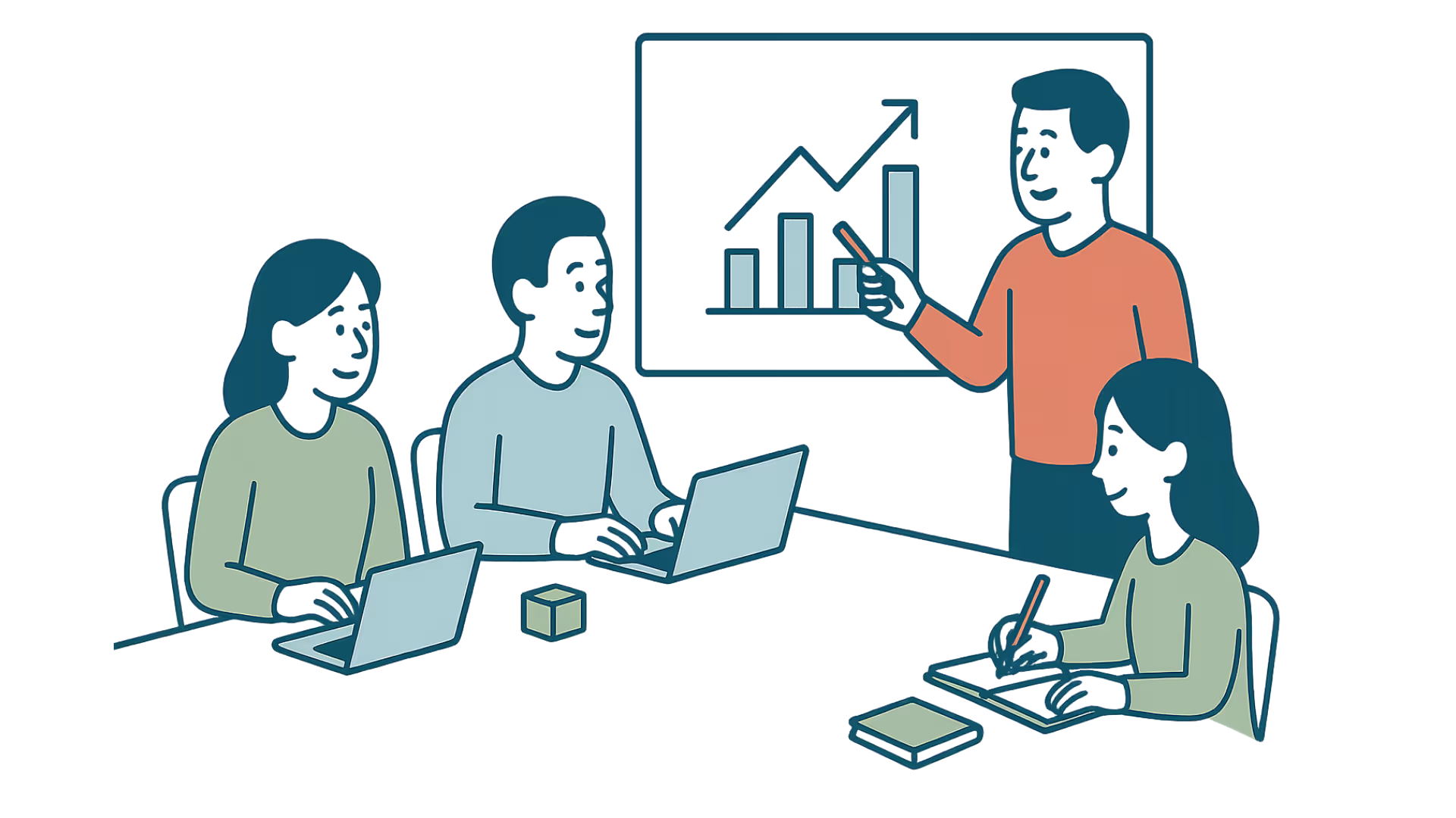 Ein Team übt Business English, in dem Präsentationen simuliert werden.