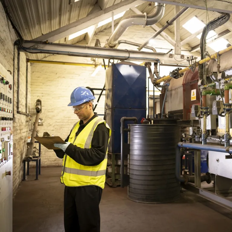 Man with clipboard at RSbruces's chemical processing facility