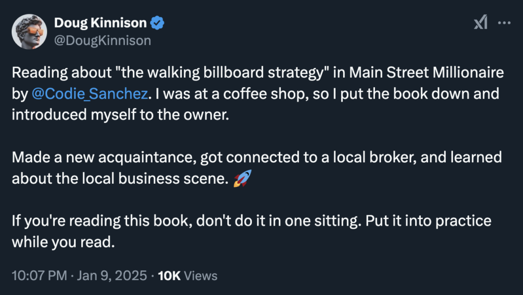 Tweet by user sharing a personal experience of networking after reading "Main Street Millionaire" book, cautioning, “We’re never doing this again without applying the book's strategies while reading. It’s a game-changer for making meaningful connections!”.
