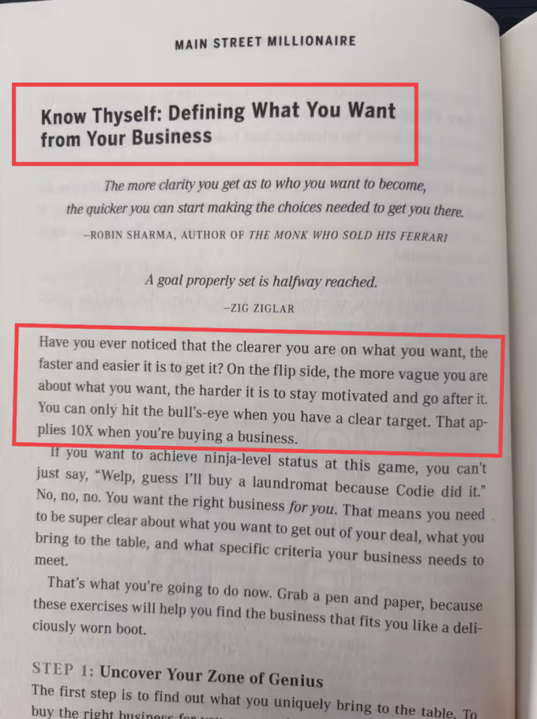 A page from the business book "Main Street Millionaire" offers insightful advice and highlights game-changing strategies for biz buyers, focusing on defining clear goals for success.