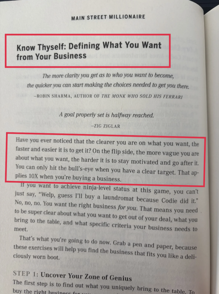 A page from the business book "Main Street Millionaire" offers insightful advice and highlights game-changing strategies for biz buyers, focusing on defining clear goals for success.