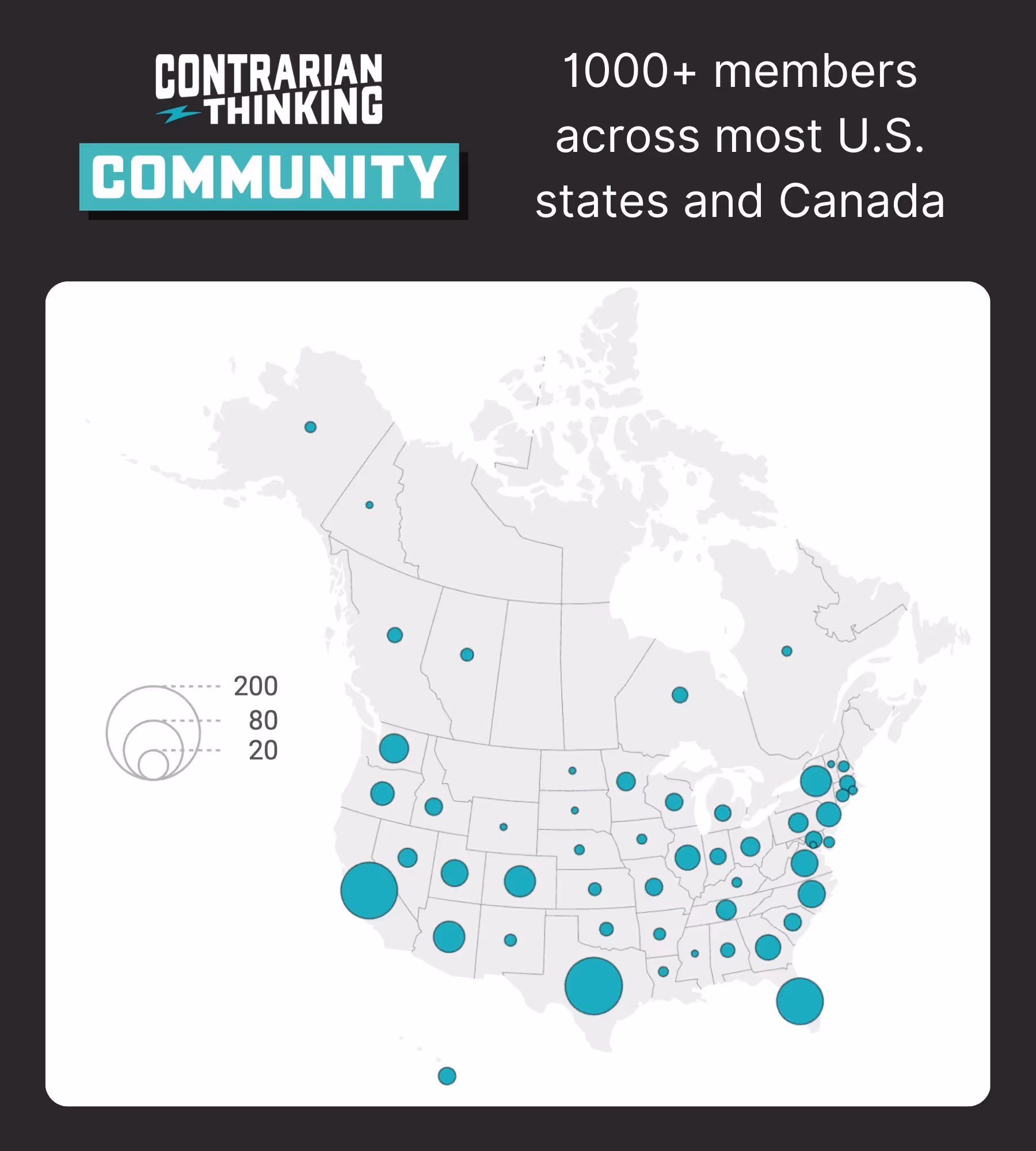 A map showing the distribution of Contrarian Community members across the U.S. and Canada