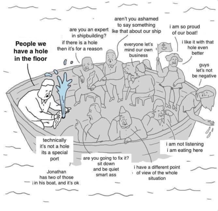 A meme of people on a sinking boat arguing about the hole in the floor instead of fixing it.