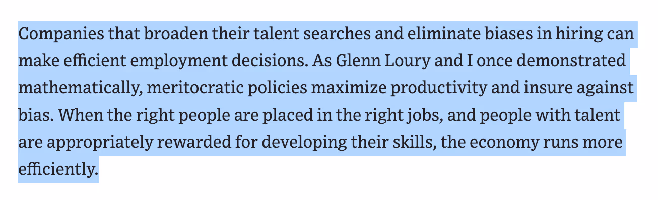 Text excerpt discussing how companies that use meritocratic hiring policies and eliminate biases can make more efficient employment decisions, maximize productivity, and improve economic efficiency.