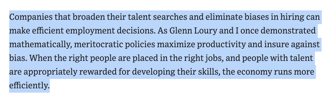 Text excerpt discussing how companies that use meritocratic hiring policies and eliminate biases can make more efficient employment decisions, maximize productivity, and improve economic efficiency.