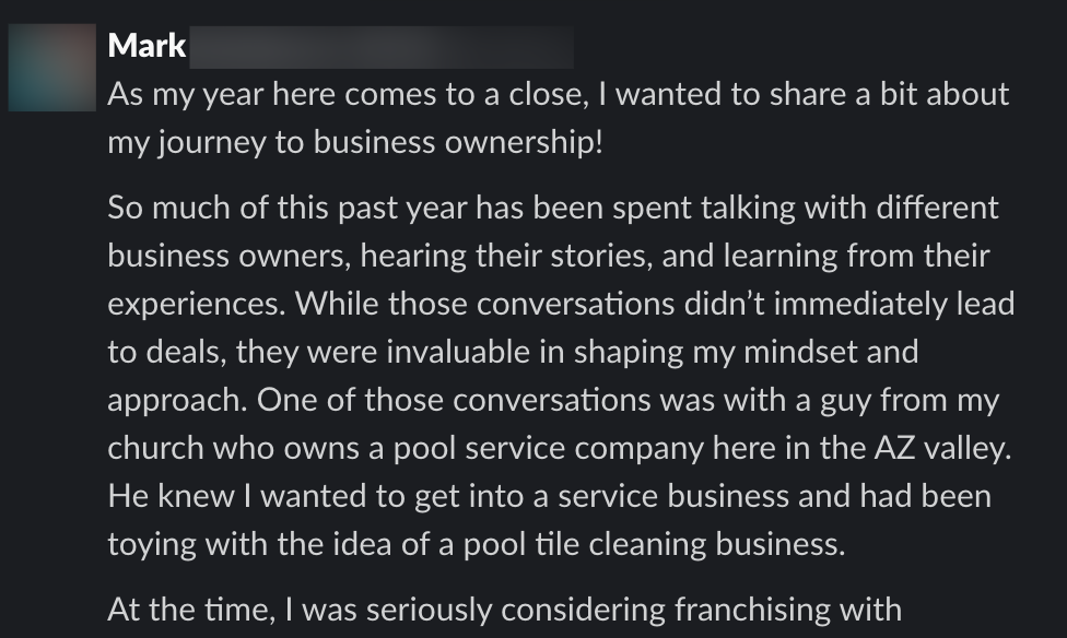 Screenshot of a message where Mark shares his experiences in business ownership.
