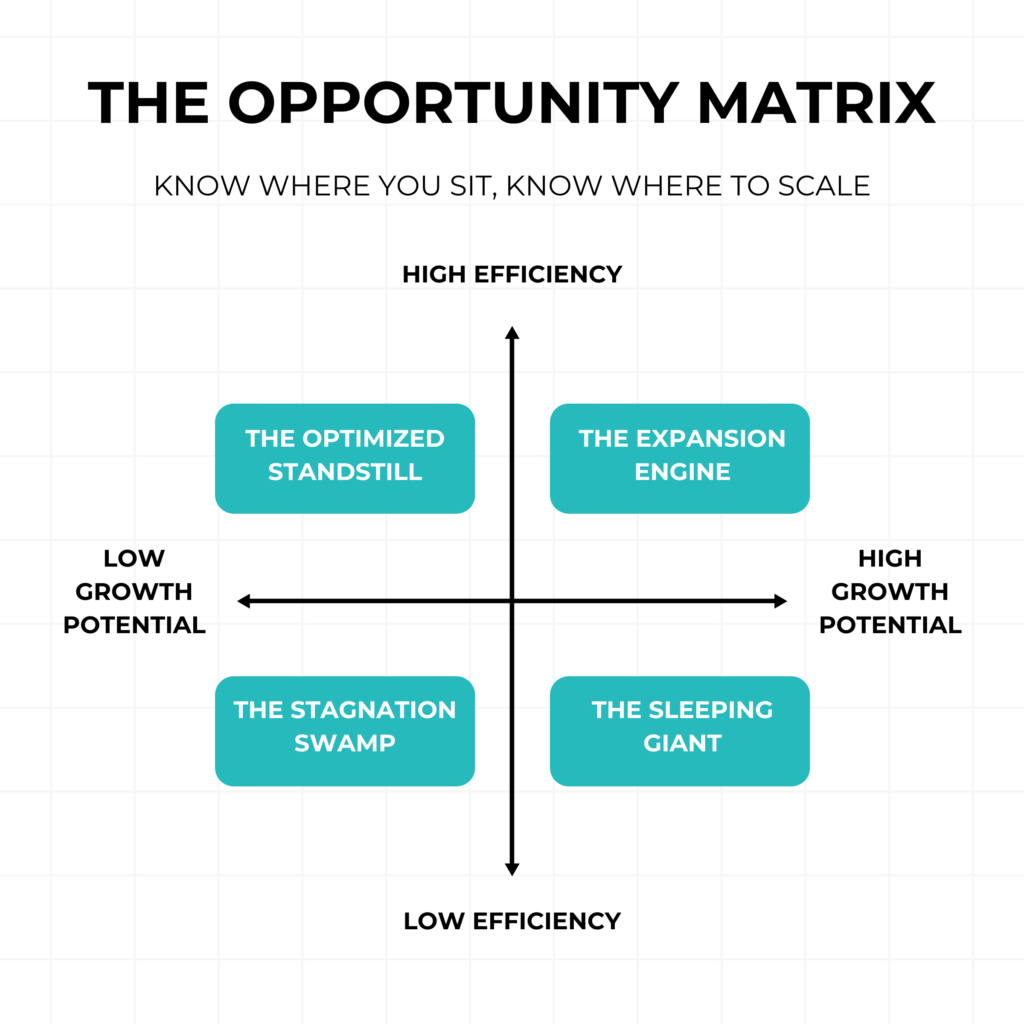 Diagram showing four business growth scenarios: Optimized Standstill, Expansion Engine, Stagnation Swamp, and Sleeping Giant.