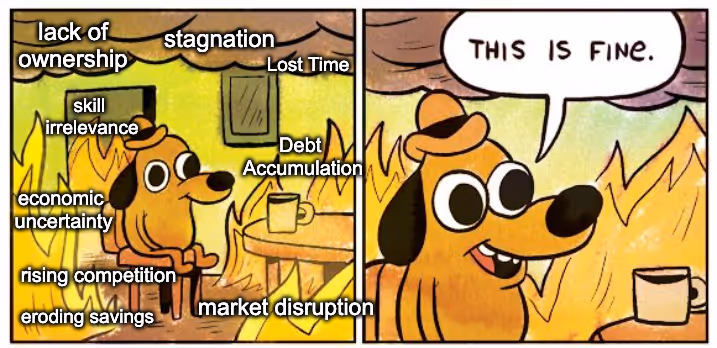 Dog surrounded by fire labeled with economic challenges saying “This is fine”