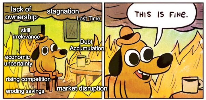 Dog surrounded by fire labeled with economic challenges saying “This is fine”