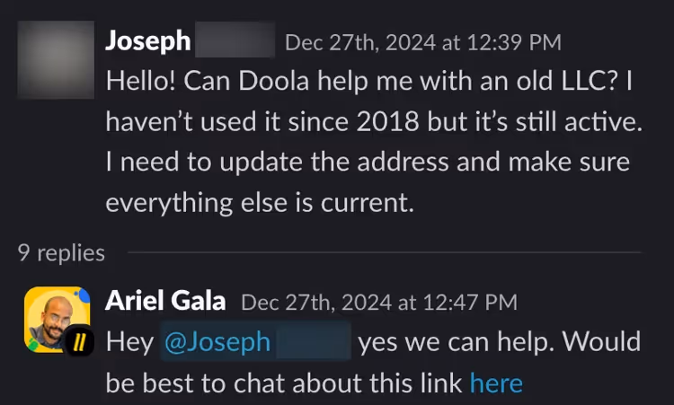 Slack conversation where a user asks for help updating an old LLC, with a support reply including a help link.