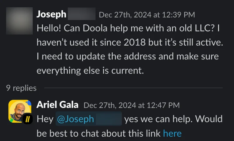 Slack conversation where a user asks for help updating an old LLC, with a support reply including a help link.