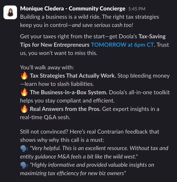 Slack message promoting a tax-saving webinar for entrepreneurs with tips on compliance, efficiency, and real-time Q&A