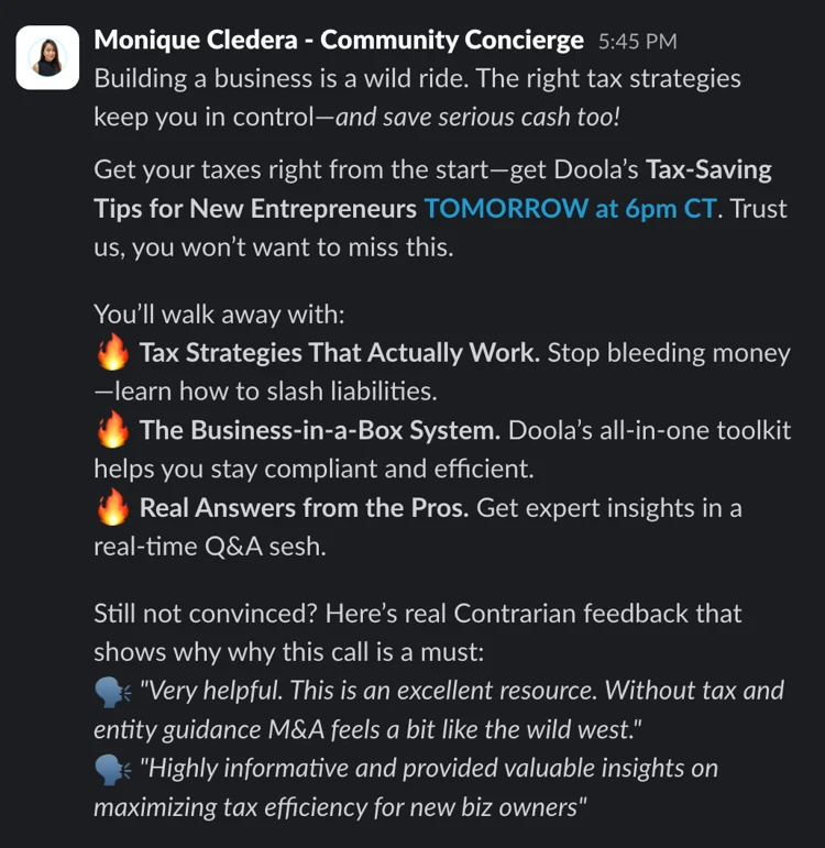 Slack message promoting a tax-saving webinar for entrepreneurs with tips on compliance, efficiency, and real-time Q&A