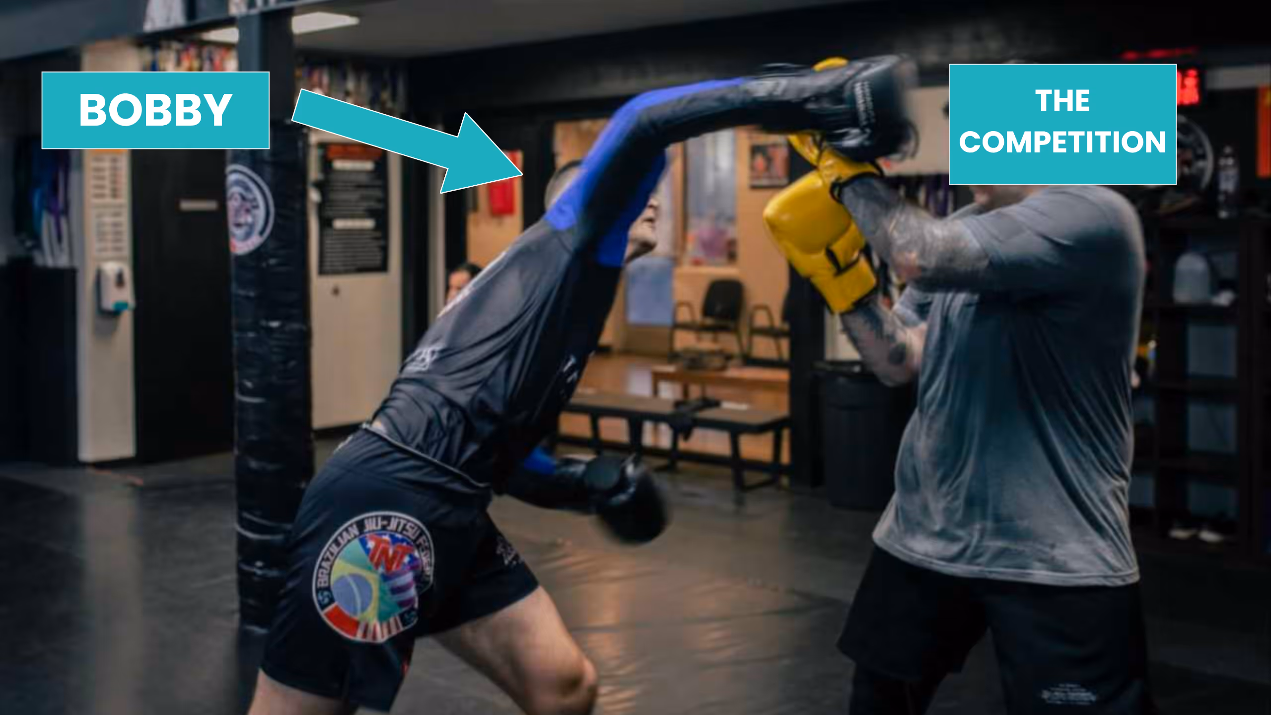 A boxing scene showing "Bobby" dodging a punch from "The Competition." Labels point to each person, symbolizing Bobby outmaneuvering competitors with agility and skill.