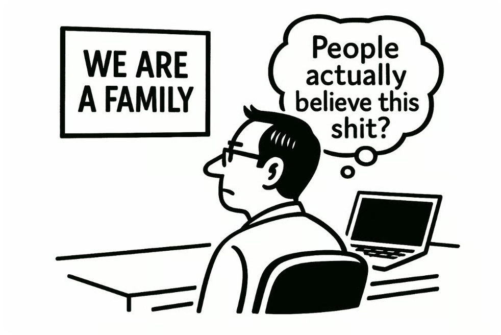 A black-and-white cartoon of a man sitting at a desk, staring at a sign that says “WE ARE A FAMILY.” His thought bubble reads, “People actually believe this shit?”—a satirical take on corporate culture slogans.