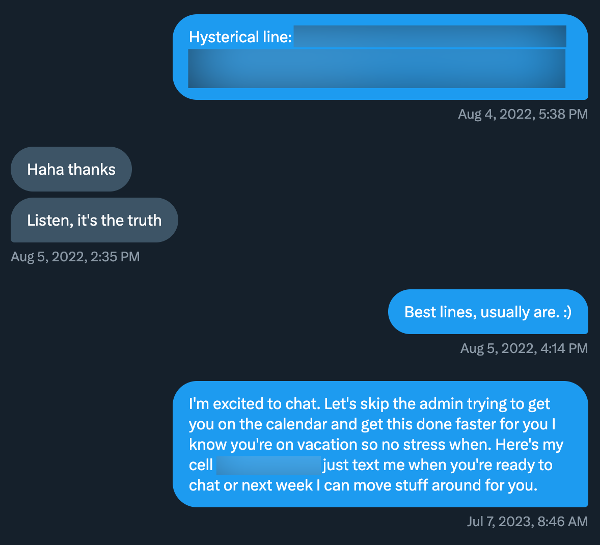 Dark-themed screenshot of a casual conversation, with one person complimenting a message and the other responding with light humor and a follow-up message including a phone number and offer to chat.