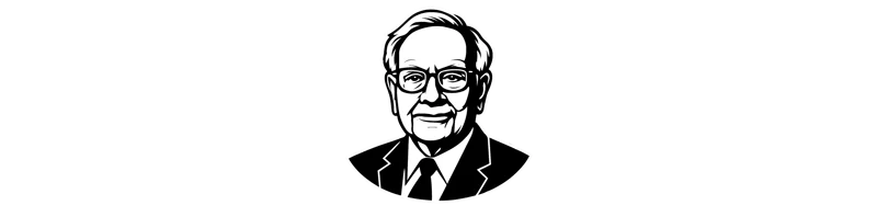 Black and white graphic illustration of Warren Buffett wearing glasses and a suit, often used to symbolize financial wisdom or investment advice.
